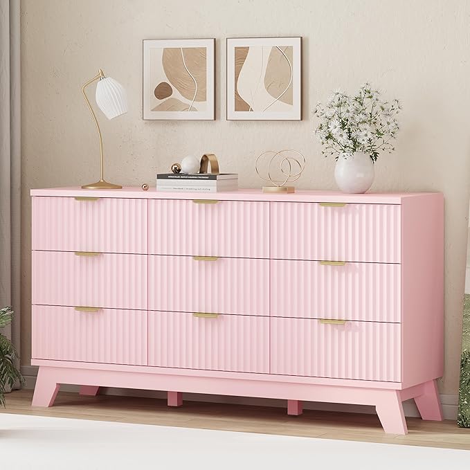 Xixini Fluted Dresser for Bedroom with 9 Drawers, 57" Wide Modern Chest of Drawers with Metal Handle, Wooden Dresser TV Stand, Wood Closet Clothes Storage Organizer for Living Room, Hallway, Pink