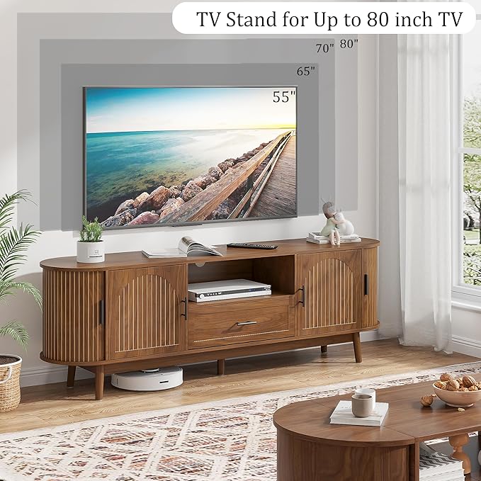 Mxtxmy 70" Fluted TV Stand for Tvs up to 80", Mid-Century Modern Entertainment Center with Drawers and Fluted Doors, Curved TV Media Console Table with Sliding Doors for Living Room, Bedroom (70")