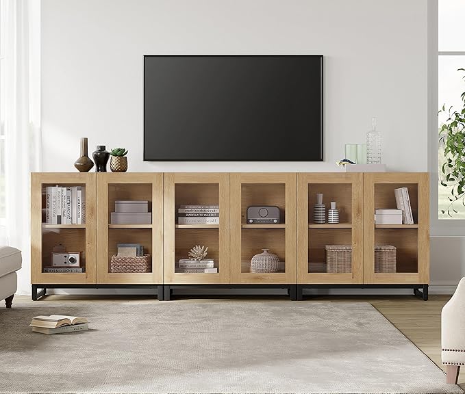 WAMPAT Modern TV Stand with Glass Doors for 110 inch TVs, 3 in 1 Entertainment Center Console with Adjustable Shelves and Metal Base for Living Room, Bedroom, Oak