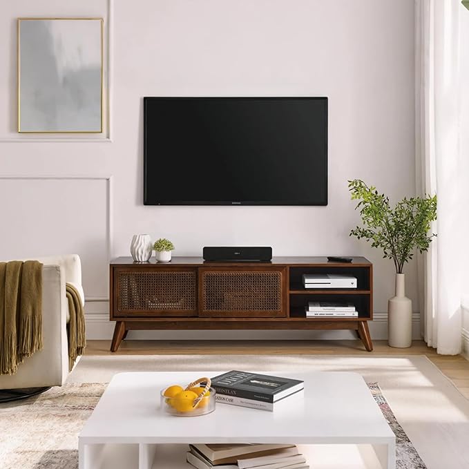 LKTART TV Stand for TVs up to 65'',Mid Century Modern Entertainment Center with Rattan Sliding Door,Boho Media Console for Living Room(Dark Walnut, 59")