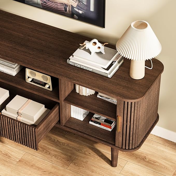 DAMCROP Fluted TV Stand, 55 Inch Mid Century Modern Media Console Table with Sliding Tambour Door Farmhouse Sideboard Buffet Cabinet Fits TVs up to 75 inch, Wood Entertainment Center for Living Room