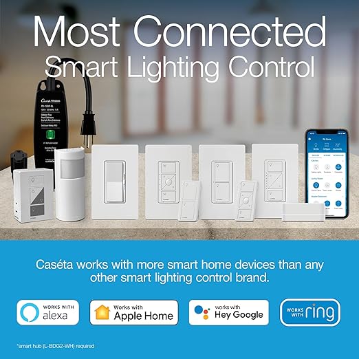 Lutron Diva Smart Dimmer Light Switch for Caseta Lighting (Lutron Smart Hub Required), for LED Lights, 150W, Single-Pole/3-Way, No Neutral, White, 3 Pack (DVRF-6LS-WH-3)