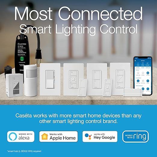 Lutron Diva Smart Dimmer Light Switch with Wallplate for Caseta Lighting (Lutron Smart Hub Required), for LED Lights, 150W, Single-Pole/3-Way, No Neutral, White (DVRFW-6L-WH-A)