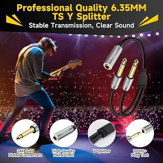 Togconn 1/4 inch TS Mono Splitter Y Adapter, 6.35mm Mono Female to Dual 6.35 mm TS Mono Male Jack, Quarter inch Audio Speaker Splitter Converter Cable 1 Feet, Gold Plated Connectors