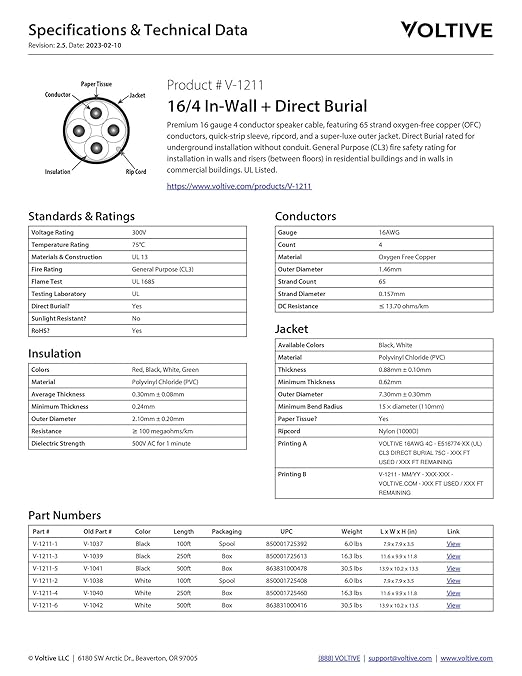 Voltive 16/4 Speaker Wire, in-Wall CL3 & Direct Burial, White, 250ft - 16AWG, 4 Conductors, Stranded Oxygen-Free Copper, UL Listed - V-1211-4