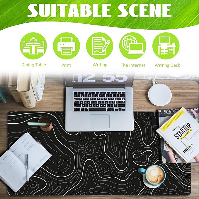 Eflxamz Desk Mat,Black Topographic Contour Map Desk Pad,Topographic Contour Large Gaming Mouse Pad for Desk,Extended Big Computer Keyboard Mouse Pad with Non-Slip Base and Stitched Edge,35.4"x15.7"