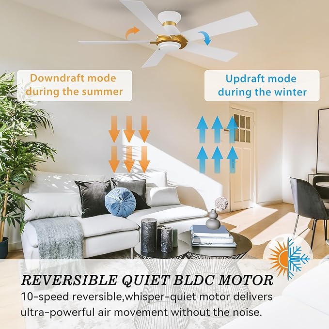 SMAAIR 52 Inch Smart Ceiling Fan with Light and Remote, Flush Mount Modern Ceiling Fan with lights,Compatible with Alexa/Google Assistant/Siri,Timer and Schedule,10 Speed DC Motor,White/Gold