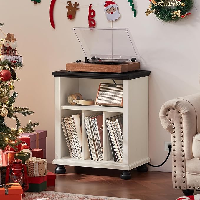 Joaxswe Record Player Stand with Charging Station Up to 200 Albums, 24" Wide Mid-Century Record Player Table with Vinyl Record Storage,Large Wood Turntable Stand Dispaly Cabinet for Living Room,White