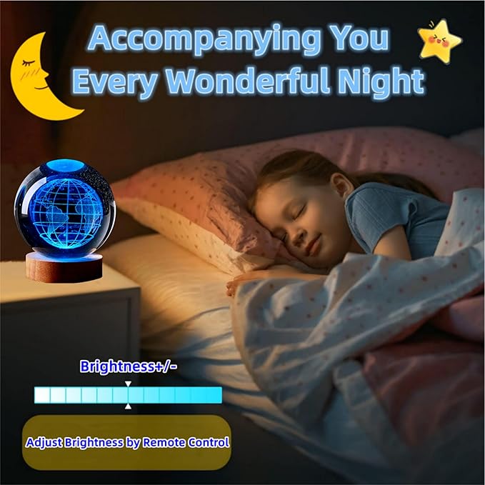 Conalisk 3D Earth Crystal Ball Lamp,3.15 inch K9 Crystal Ball Night Light with Wooden Base,Lifelike 3D LED Night Light,16 Colors Changing Light,Dimmable Remote Control,Desk lamp (D)