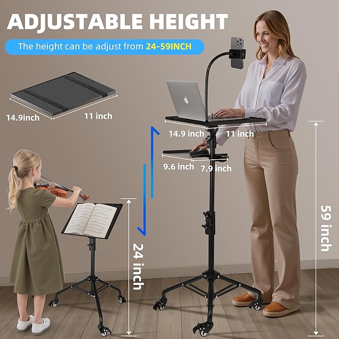 STEADUS Projector Stand Tripod – 24 to 59 Inch Adjustable Height – Dual Shelves Laptop Tripod Stand with Moveable Wheels and Phone Holder, Portable Laptop Stand for Office, Stage & Outdoor Use