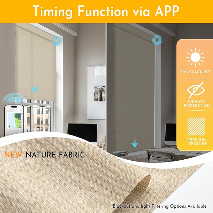 Persilux Smart Motorized Blinds with Remote, No Drill Automatic Roller Shades for Indoor Windows, Light Filtering Linen Fabric, Electric Blinds for Windows, Nature Khaki C25-3, Custom Size