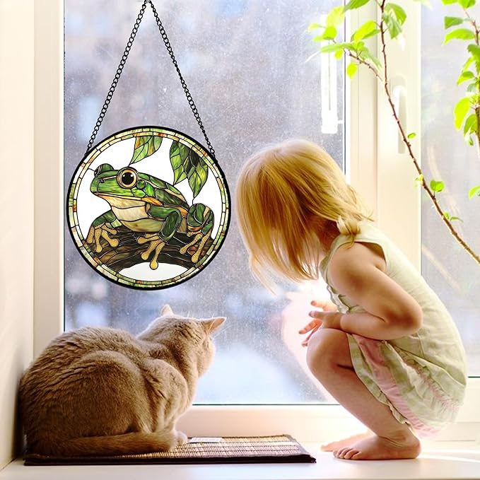 DASTOLL Stained Glass Window Hanging, Frog Green Leaf Sun Catchers Colorful Glass Panel Cool Suncatcher Decor for Birthday for Women, Men, Wife, Aunt, and Mom 11.8x11.8 in