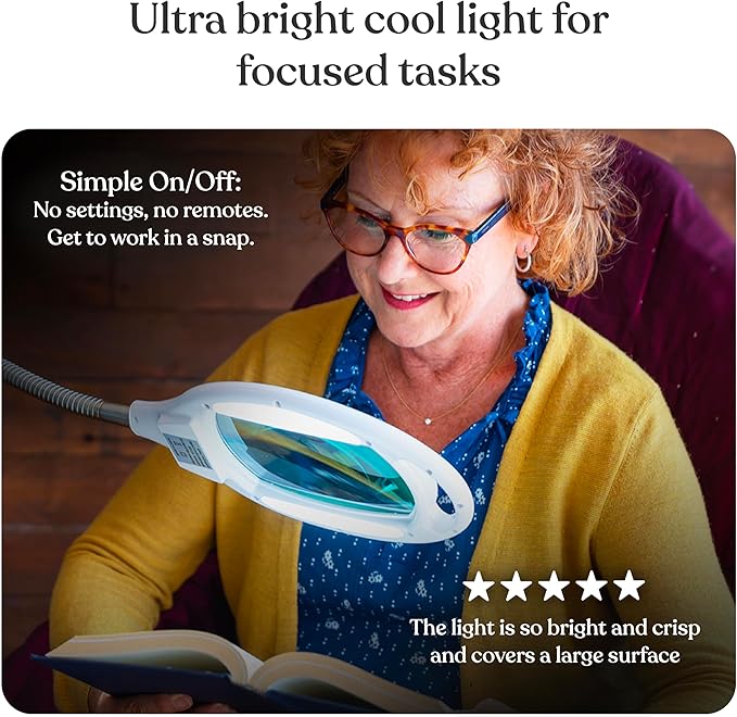 Brightech LightView Pro LED Magnifying Floor Lamp - Daylight Bright Full Spectrum Magnifier Lighted Glass Lens - Height Adjustable Gooseneck Standing Light - for Reading Task Craft Lighting - White