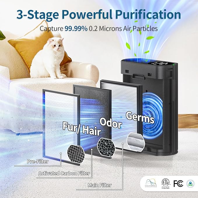 Powerful Air Purifiers for Home Large Room Up to 2400 Ft², ECOSELF HEPA Air Purifier with PM 2.5 Air Quality Display 20dB Sleep Mode, Air Purifiers for Bedroom Office Living Room HAP602 Black