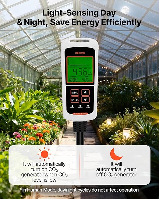 VEVOR Carbon Dioxide Monitoring Controller, Dual Outlets CO2 Monitor & Controller, Carbon Dioxide Sensor Day and Night Detection Feature, NDIR CO2 Sensor for Greenhouse, Laboratories, Classrooms, Home