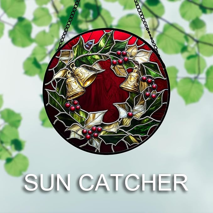 AMDERVEN Stained Glass Window Hanging 4 Pcs Set Christmas Golden Bell Sleigh Large 11.8" - Suncatcher Door Garden Sun Catcher Decor Birthday Mother's Day Xmas Gifts for Mom Woman Nana Men Parents