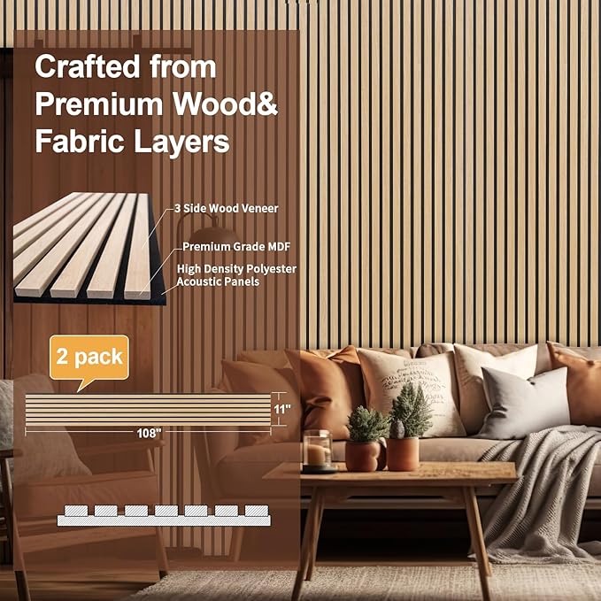 Yuzzy Wood Panels for Wall and Ceiling - 108 x 11 Inch Wood Slat Acoustic Panels 2 PCS - Modern Sound Absorbing Wall Panels for Interior Wall Decor for Home, Office, Studio - Rustic Oak