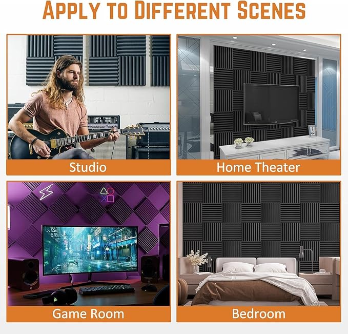 Saiqiang Acoustic Foam Panels Sound Absorbing 12 Pack - 1" X 12"X 12" Sound Proof Panels Noise Reducing for Walls, High Density Sound Deadening Panels Black Wedge for Studio Recording & Office & Home