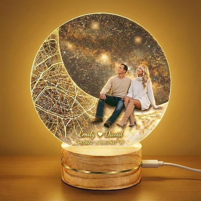 MamaEra Valentine’s Day Gift 2026 - Personalized Map Night Light with Photo & Coordinates – Custom Acrylic Moon Lamp with Wooden Base, Remote Control – Romantic Gift for Couples, Anniversary
