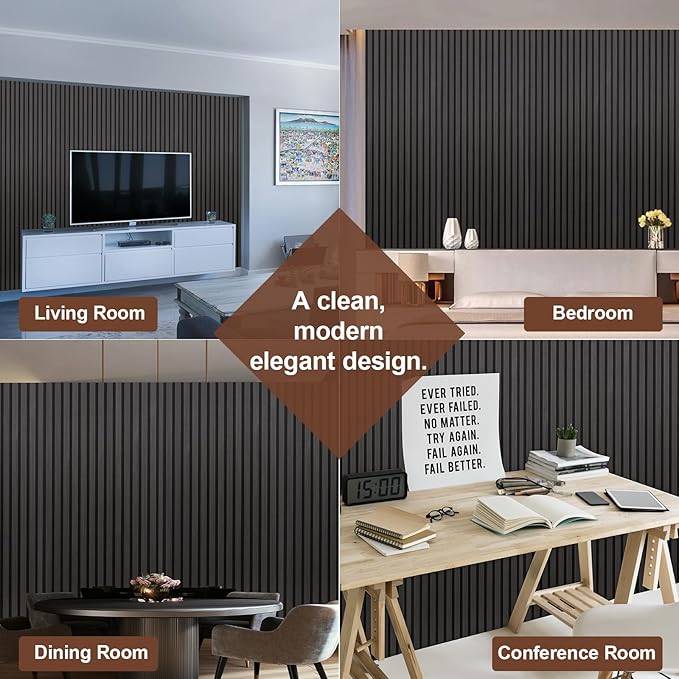 Yuzzy Wood Panels for Wall and Ceiling - 108 x 11 Inch Wood Slat Acoustic Panels 4 PCS - Modern Sound Absorbing Wall Panels for Interior Wall Decor for Home, Office, Studio - Rustic Black Oak