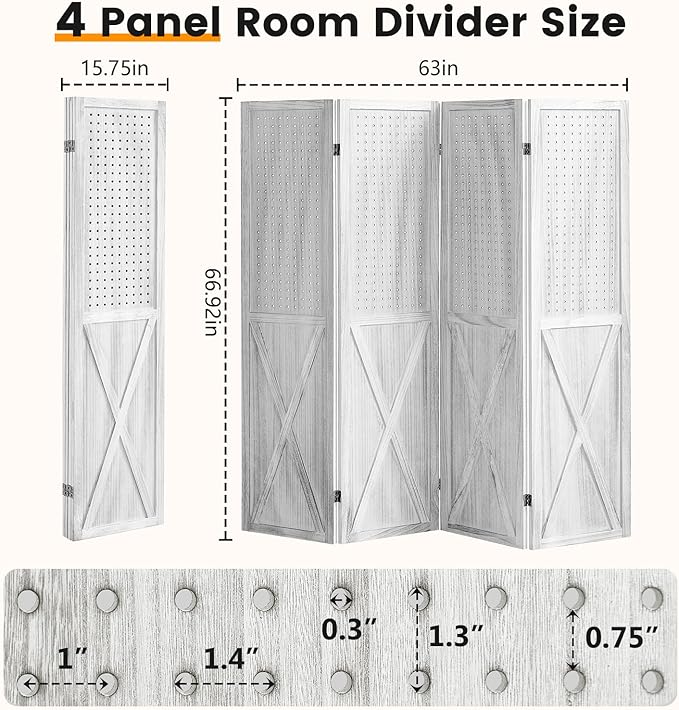 ALeesing 4 Panel Pegboard Wood Room Divider, 5.6Ft Pegboard Display Folding Privacy Screens, Peg Board Display Freestanding for Trade Show Craft Show Home Wall Organizer, Retro White