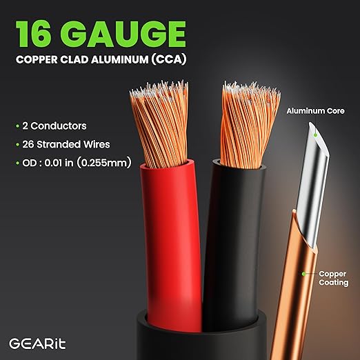 GEARit Outdoor Speaker Wire CL3 Rated, 16 Gauge Speaker Wire, Speaker Cable 100 ft for Outdoor Speakers, Patio, Garden, Backyard Audio, Direct Burial in Ground/in Wall, CCA (Black, 2-Conductors)