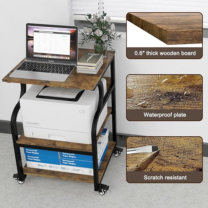 Natwind Large 3-Tier Rolling Printer Cart with Adjustable Shelf, 24”x20” Mobile Stand for Heat Press, 3D Printer, Home Office Multifunctional Shelves with Locking Wheels (Retro)