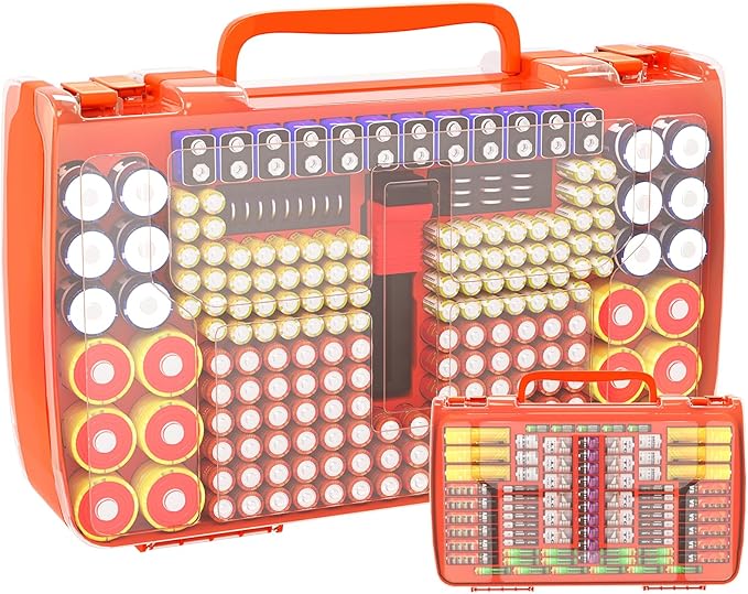 Aptbyte Battery Organizer Storage Holder Box Case with Tester- 269 Batteries Double-Sided Variety Pack, Holds AA AAA 4A C D Cell 9V 3V Lithium LR44 CR2 CR123 CR1632 18650 Button- Orange (Box Only)
