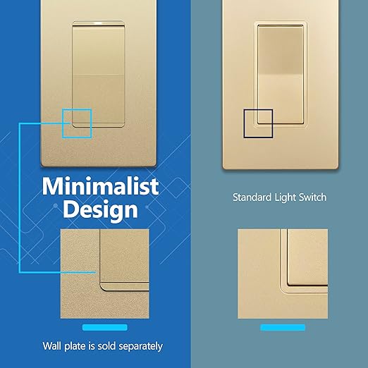 LIDER Minimalist Design Matte Finish Lighted Decorator Switch with Screwless Wall Plate, Frameless Paddle Light Switch with Locator Light, 3-Way, Grounding Screw, 15A 125V, UL Listed, Gold