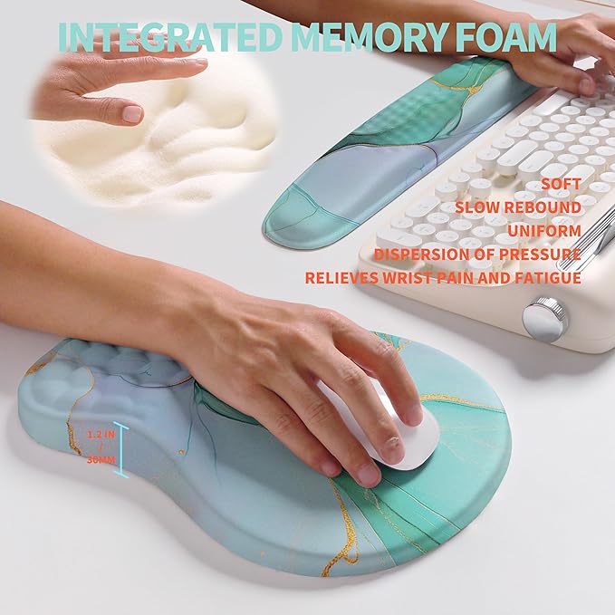 KUOSGM 2-in-1 Ergonomic Set, Wave Rise Keyboard Wrist Rest and Massage Bulge Slope Mouse Pad Wrist Support, Cushion Memory Foam Integrated to Relieve Wrist Pain, Blue Gold Marble
