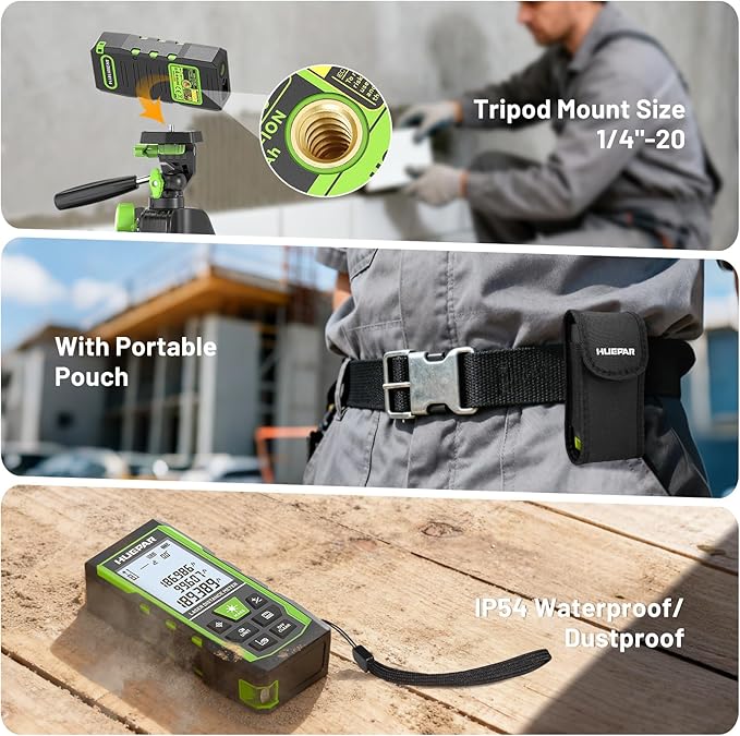 Laser Measure Device 3-in-1, Huepar 330ft Laser Measurement Tool & 33ft Cross Laser Level & 6.5ft Tape Measure, Rechargeable, Voice Broadcast, Multi-Mode, Rugged for Construction & Home Use, SW-T100
