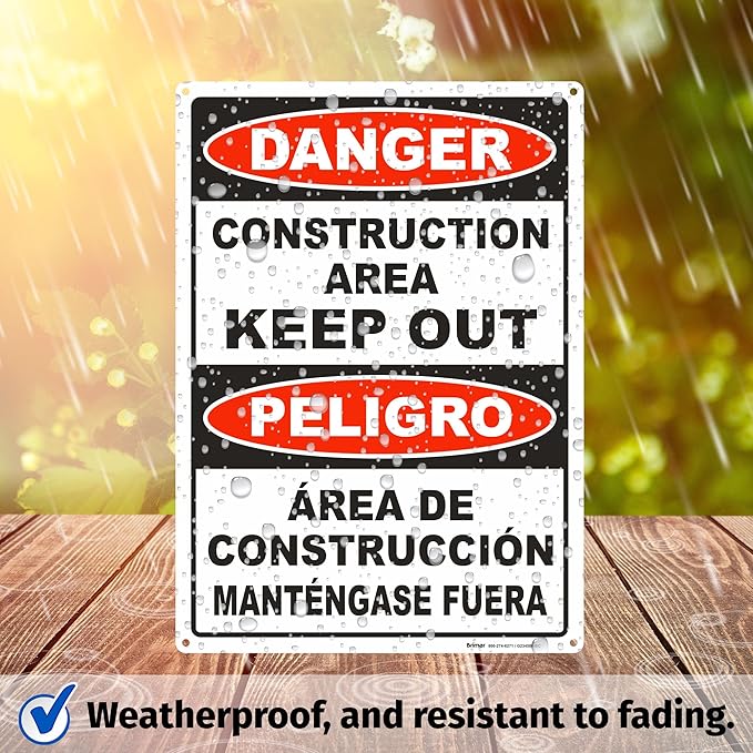 Brimar - 10" x 14" - Bilingual Danger Construction Area Keep Out Sign - .055″ Polyethylene Plastic - Bold Text - Easy Installation