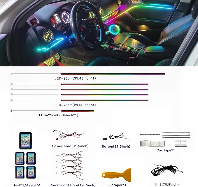 Acrylic Interior Car LED Strip Lights,Colorful 6-in-1 Car Ambient Lighting Kit, with Wireless APP Control, 622 LED Fiber Optic Strip Lights for Cars, Supports Neon Sync with Music DIY Mode.