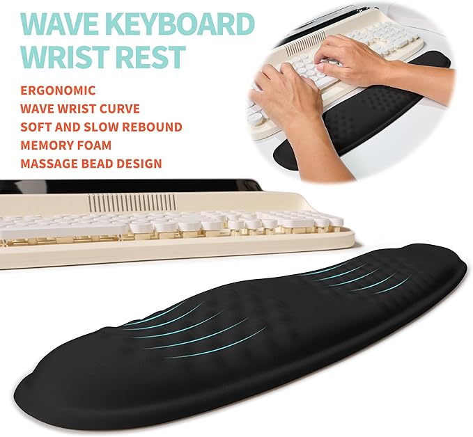 KUOSGM 2-in-1 Ergonomic Set, Wave Rise Keyboard Wrist Rest and Massage Bulge Slope Mouse Pad Wrist Support, Cushion Memory Foam Integrated to Relieve Wrist Pain, Black