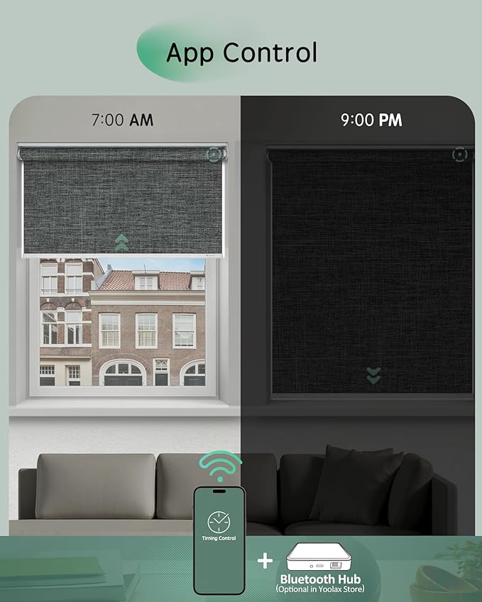 Yoolax Motorized Blinds App Control, Blackout Roller Shades for Windows, Cordless Automatic Shades Roller Window Blinds for Bedroom Living Room Office (Blackout Ashfall Gray, 30" W x 72" H)