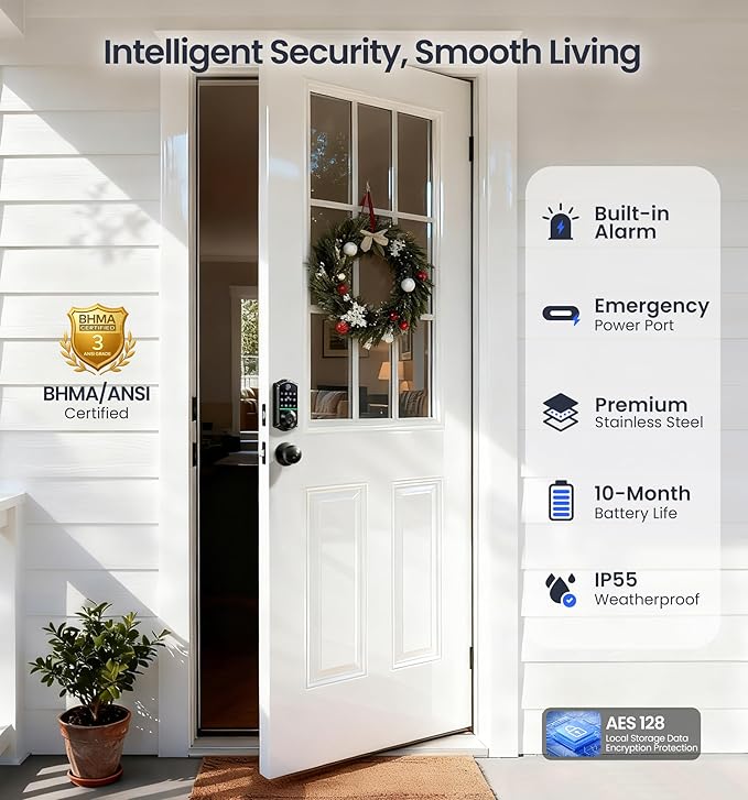 Veise VE017-K Fingerprint Smart Lock with 2 Knobs, App Control, Keyless Entry Front Door Lock with Handle Set, Electronic Digital Touchscreen Keypad Deadbolt, IP55 Waterproof, Auto-Lock, Matte Black