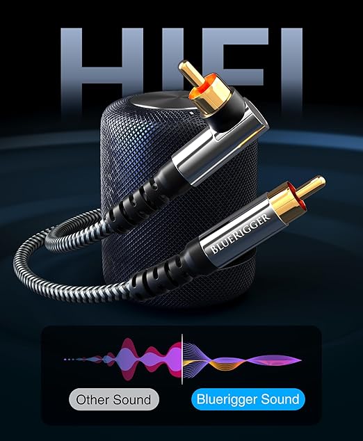 BlueRigger Subwoofer Cable 90D (6FT, RCA Audio, Dual Shielded, Gold Plated, Right Angled Male RCA Connectors) – Compatible with Subwoofer, Amplifier, Home Theater