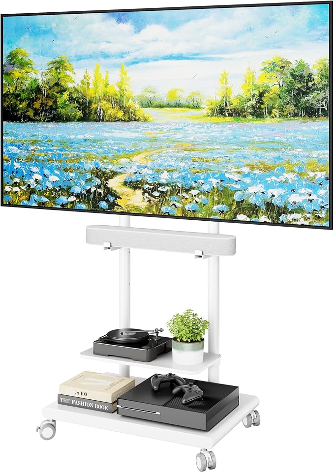ECOTINY Steel Base Rolling TV Stand with Soundbar Mount for 37-75 inch TVs up to 154lbs, Swivel&Tilt Mobile TV Stand with Large Storage, Height Adjustable Heavy-Duty TV Cart, Max VESA 600x400mm, White