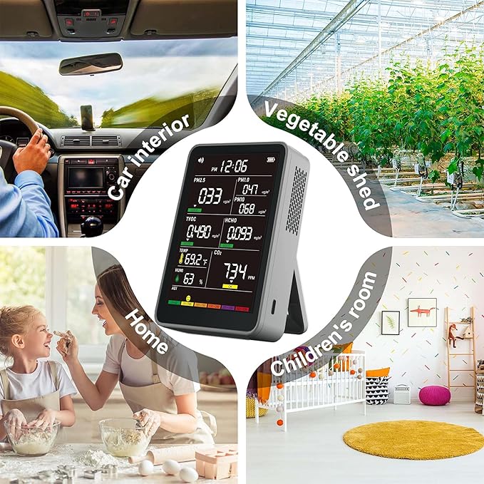 Professional Indoor Air Quality Monitor with AQI Alarms, Portable Real-Time Detector for Home Cars Plants and Pets (Cold Grey)