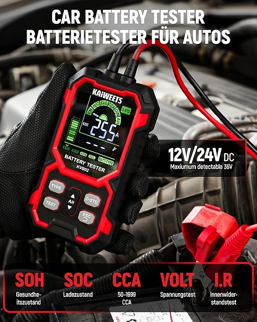 KAIWEETS Car Battery Tester, 12V/24V Automotive Battery Diagnostic Tool, 50-2000 CCA Load Capacity, Digital Battery Analyzer & Voltage Meter for Cars, Trucks, Motorcycles, SUVs, Boats & Marine Use