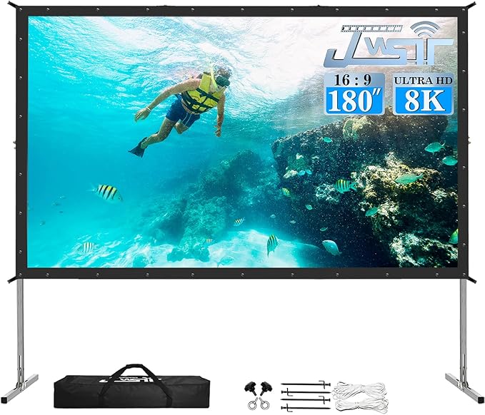 JWSIT 180 inch Projector Screen with Stand,Upgraded 3 Layers PVC 16:9 Large Outdoor Projector Screen,Portable Outdoor Movie Screen with Carrying Bag for Large Commercial Performance
