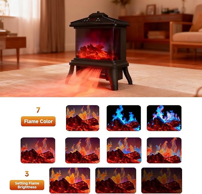 18-inch Freestanding Electric Fireplace, Equipped with 1500W/1650W Electric Wood Fireplace Flame Effect, Featuring Realistic Flames, 3-Second Quick Heating, Remote Control, and Adjustable Lighting