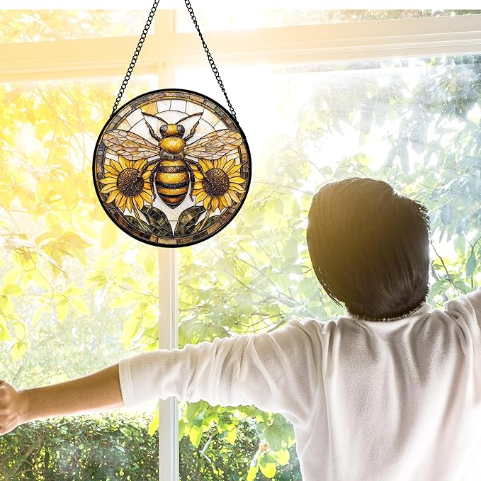 DASTOLL Stained Glass Window Hanging - Bee Sunflower Yellow Suncatcher Ready to Hang Window Doors Home Decoration and Christmas, Mother's Day Birthday Gifts for Women, Men, and Mom 11.8x11.8 in