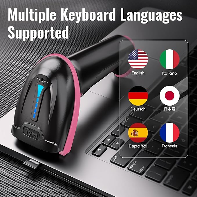 Tera Barcode Scanner Wireless Versatile 2-in-1 (2.4Ghz Wireless+USB 2.0 Wired) with Battery Level Indicator, 328 Feet Transmission Distance Rechargeable 1D Laser Bar Code Reader Handheld 5100 Pink