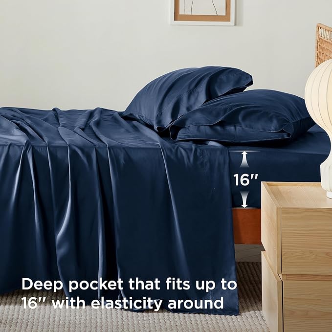Bedsure Queen Sheet Set, Rayon Derived from Bamboo, Cooling Sheets, Breathable & Soft, Deep Pocket Up to 16 Inches, Hotel Luxury Silky Bedding for Hot Sleepers, Navy