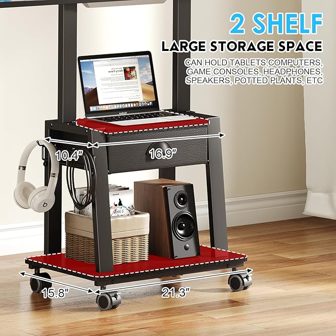 Mobile TV Stand with Drawer for 23-60 Inch Flat/Curved Screen,Tilt Rolling TV Cart on Wheels with 2 Shelves Adjustable Height Portable TV Stand Holds up to 50 lbs for Indoor Outdoor Max VESA 400x400mm