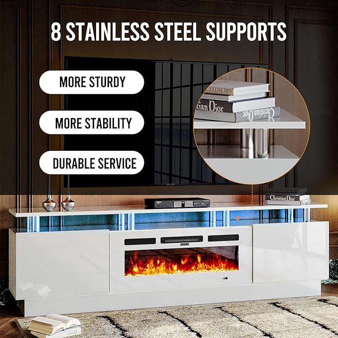 oneinmil Fireplace TV Stand with 36” Electric Fireplace, 70” 2 Tier TV Console Stand for TVs Up to 80", LED Light Entertainment Center, Fireplace for The Living Room TV Stand, White