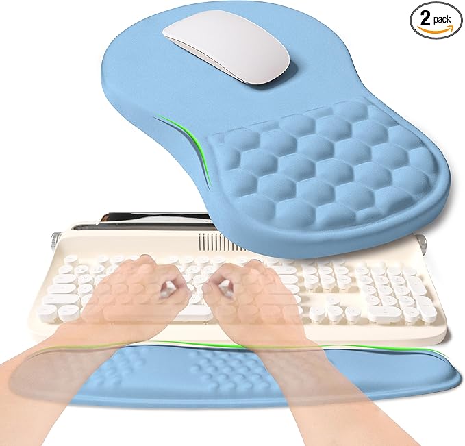 KUOSGM 2-in-1 Ergonomic Set, Wave Rise Keyboard Wrist Rest and Massage Bulge Slope Mouse Pad Wrist Support, Cushion Memory Foam Integrated to Relieve Wrist Pain, Lake Blue