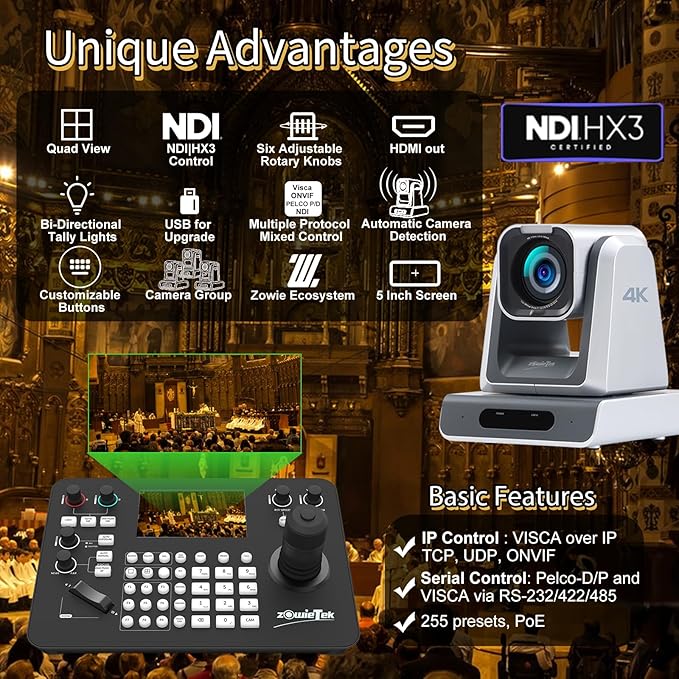 Zowietek PTZ Controller (NDI|HX3 Support) 7D Joystick Keyboard, ZowieKBD, HDMI Output, 5'' LCD Quad-View Real-time Display, Automatic Camera Detection, Group Control, ZowieEcosystem, Tally, Audio Out