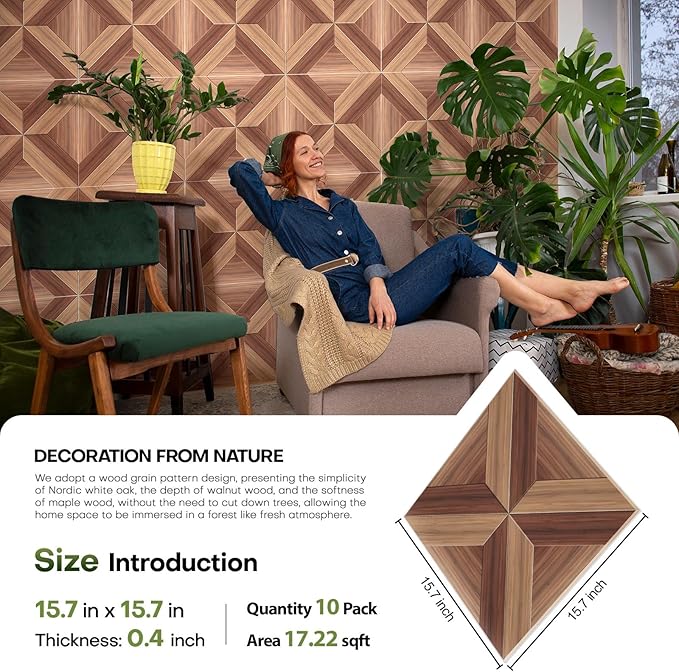 BShead 10 Pack Large Soundproof Wall Panels, 15.7 x 15.7 x 0.4 in Sound Proof Panels for Walls,0.9lb/ft³, High Density.Wood Grain Printing Sound Panels, 3D AcousticPanels,Artistic Noise